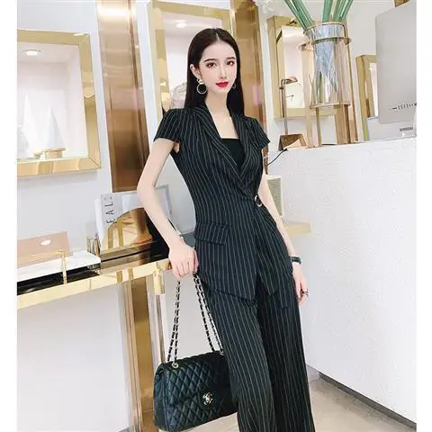 

Women 2021 Summer Elegant Striped Two-pieces Blazer Suit Female Casual Streetwear Suits Ladies Blazer Wide Leg Pants Suit K21