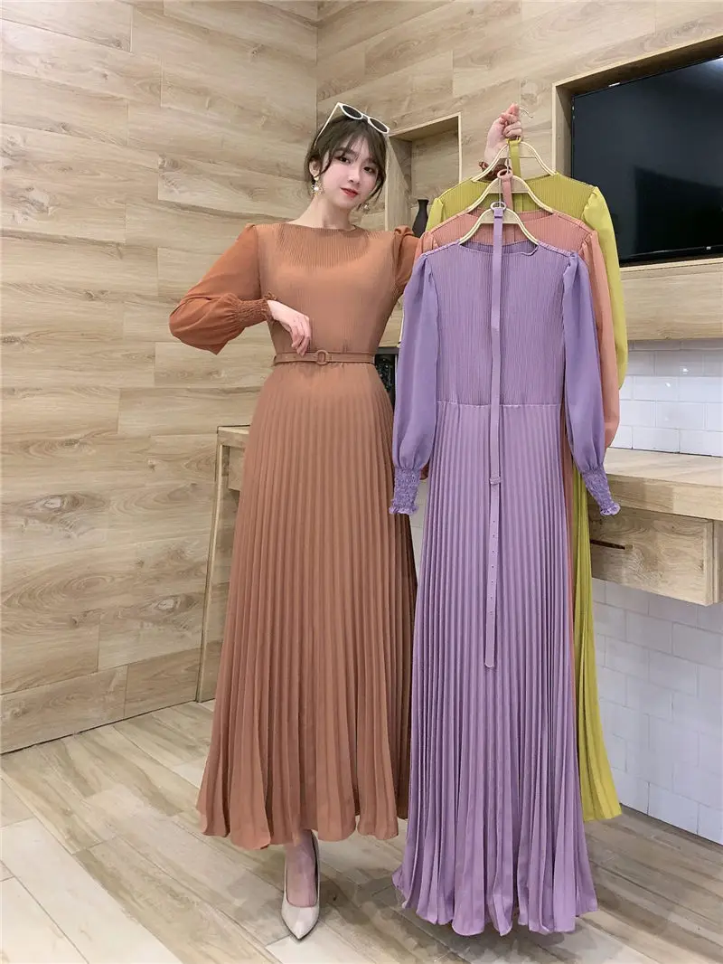 

Design Pleated Dress Temperament Women's Spring 2021 New French Retro Puff Sleeve Long Maxi Dress Elegant Slim Vestidos zh186