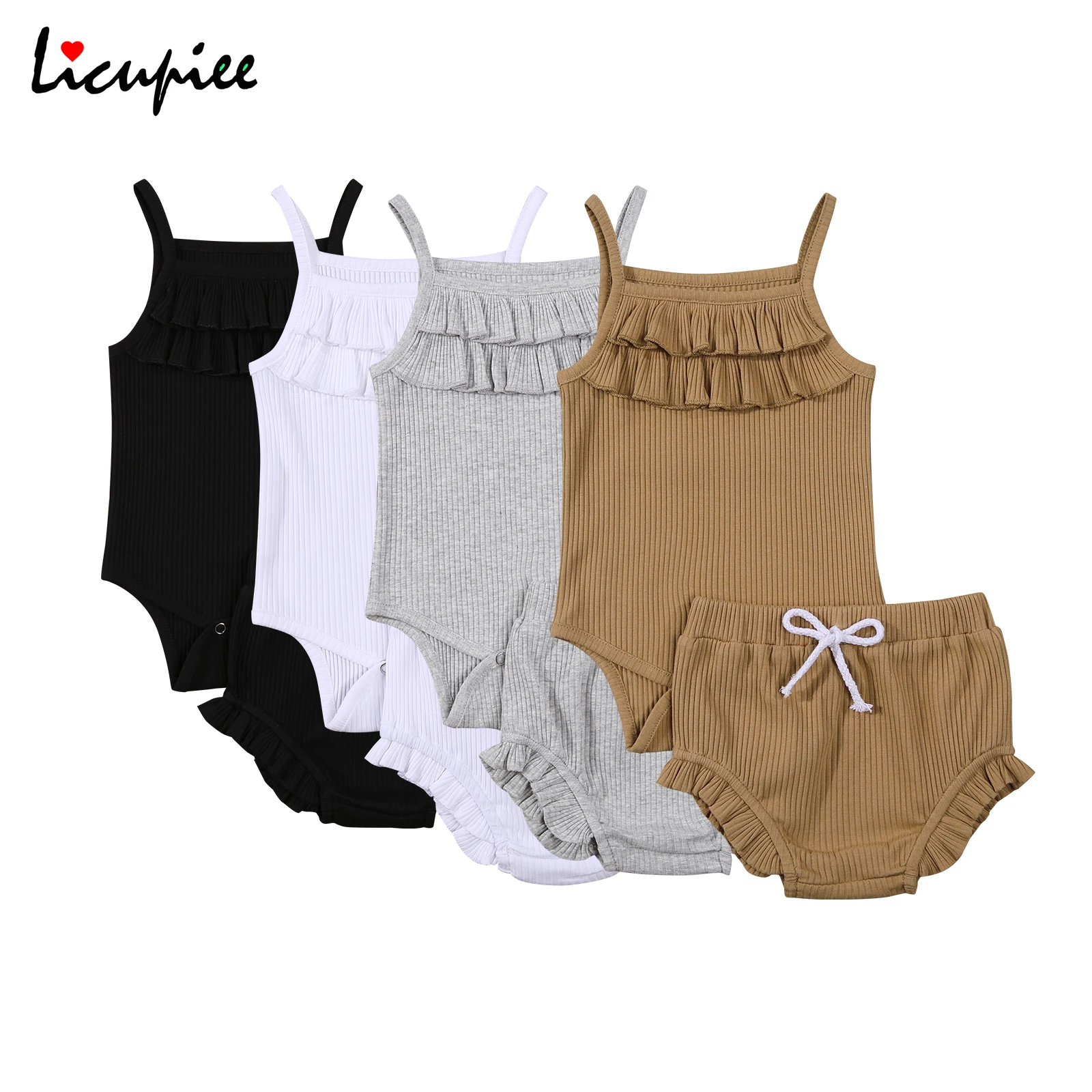 

0-24 Months Solid Clothes Baby Solid Color Clothes Set Girls Sleeveless Square Collar Sling Romper+short Pants with Ruffles