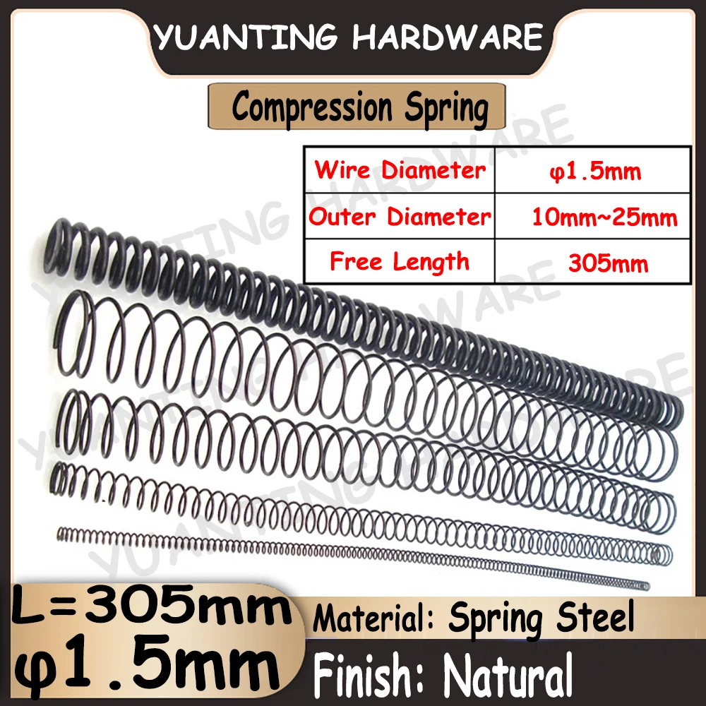 

2Pcs Spring Steel Compression Extended Spring Wire Diameter 1.5mm OD 10mm~25mm Free Length 305mm Ultra Long Lengthen Spring