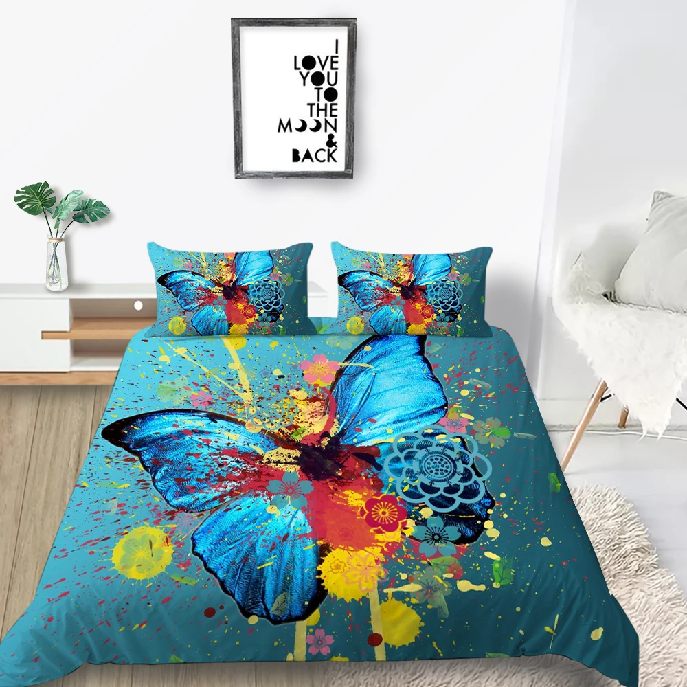 Комплект постельного белья с изображением бабочек королевы красивый синий
