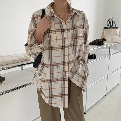 Женская винтажная рубашка в клетку универсальная простая Свободная уличном
