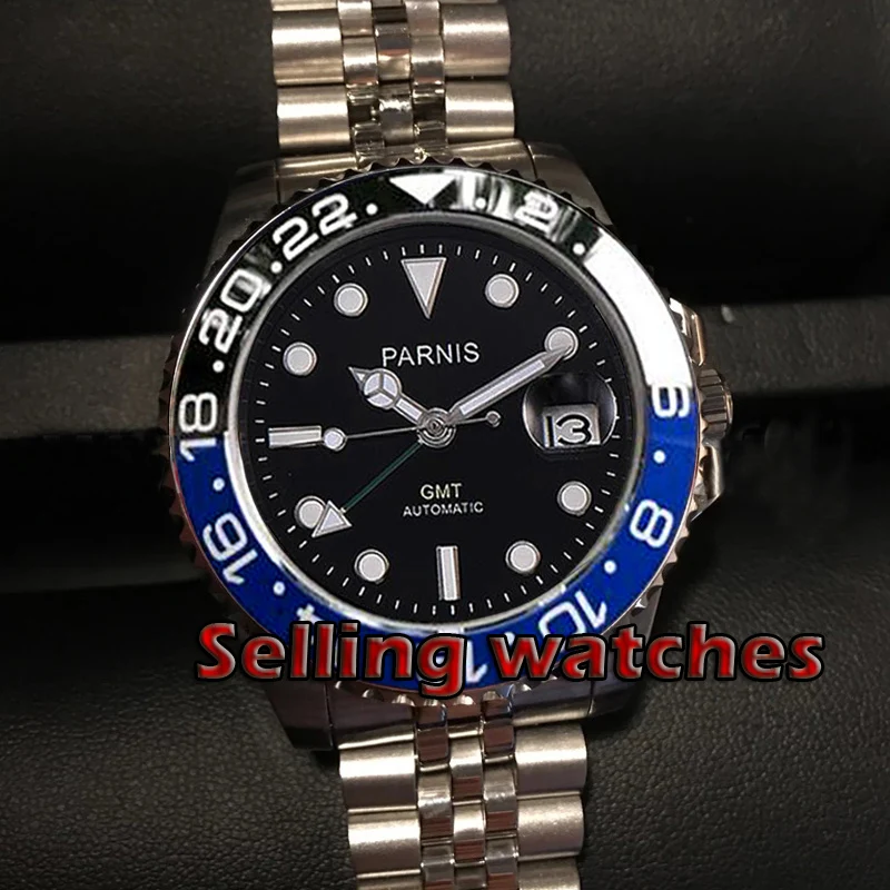 40 мм PARNIS черный циферблат ободок юбилейный браслет сапфировое стекло Дата