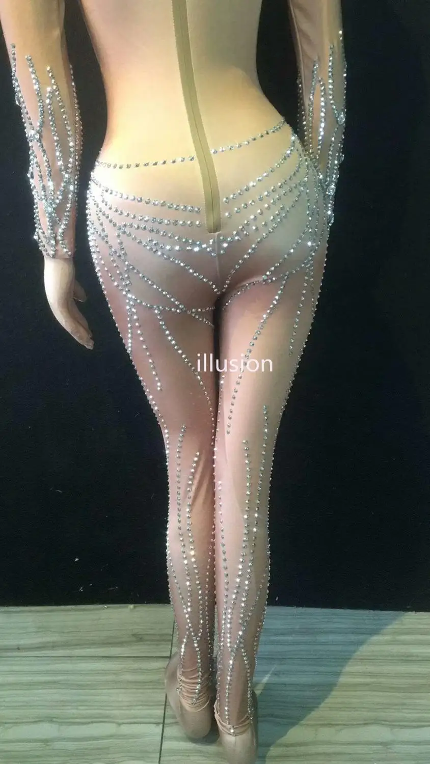Женский Блестящий Комбинезон с серебряными кристаллами|Танцевальный костюм для