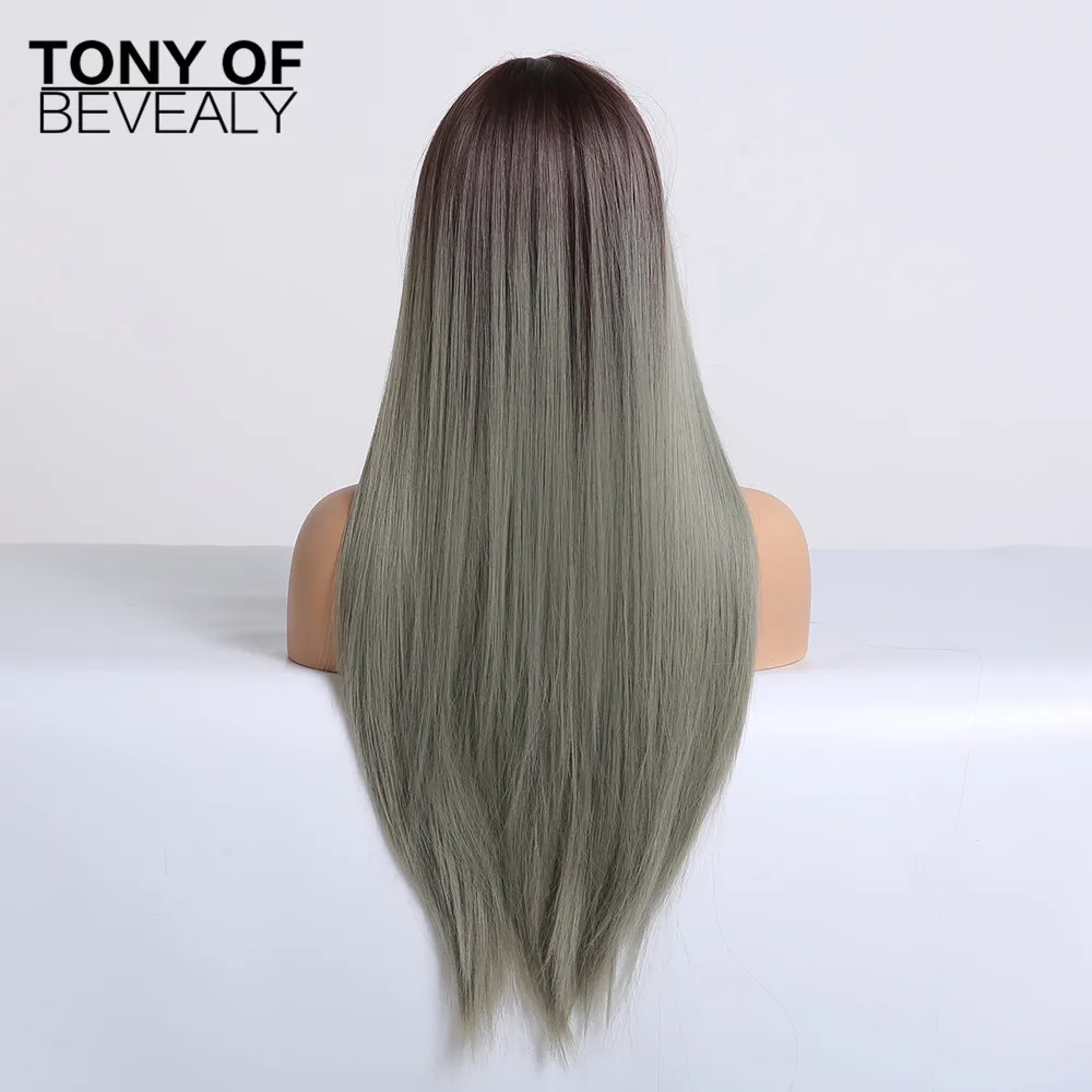 Длинные прямые синтетические парики коричнево синие серые волосы омбре с челкой