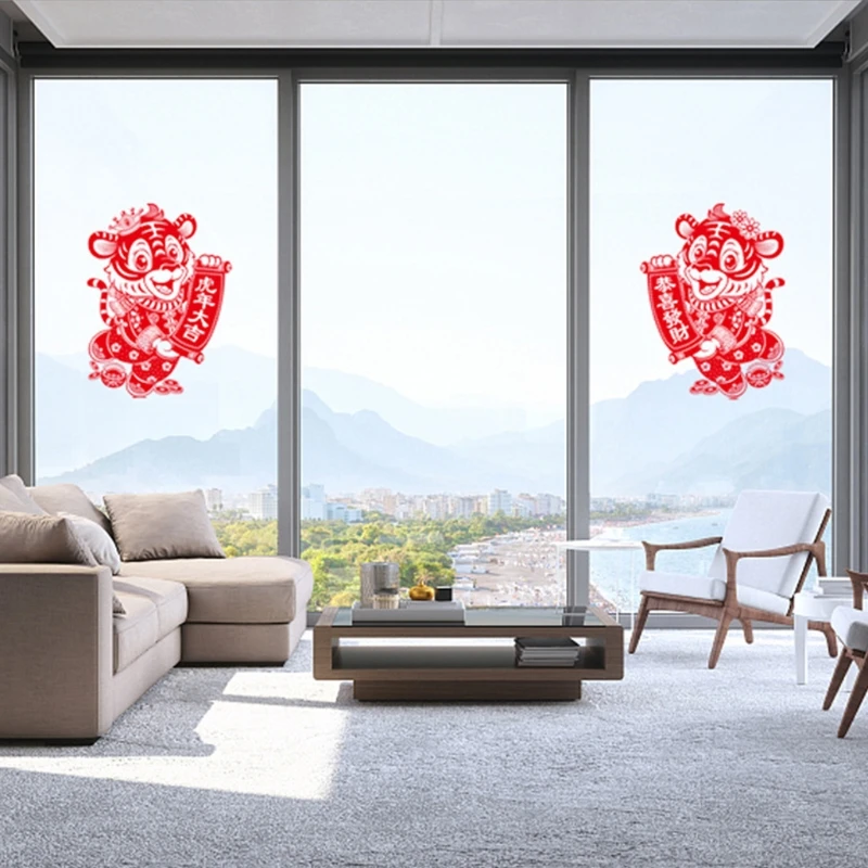 Красные флокирующие оконные наклейки китайский зодиак новый год тигр на стену
