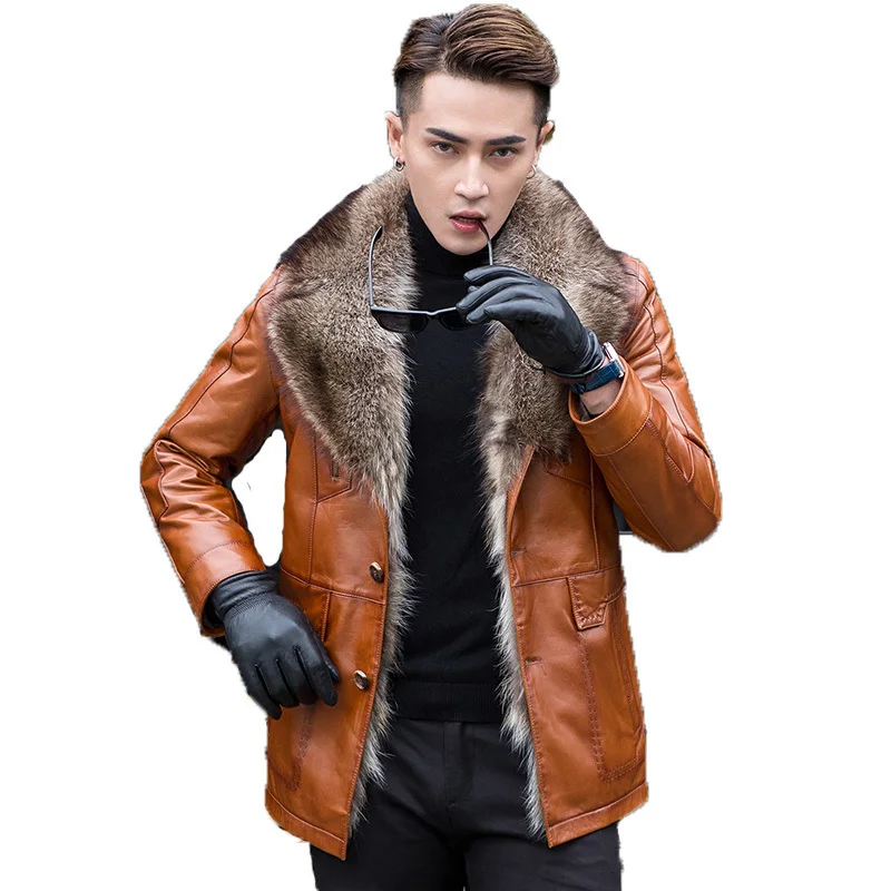 

Кожаная мужская куртка из натуральной овчины, зимняя мужская куртка, пальто из натурального меха енота, Роскошные теплые куртки, мужская ку...