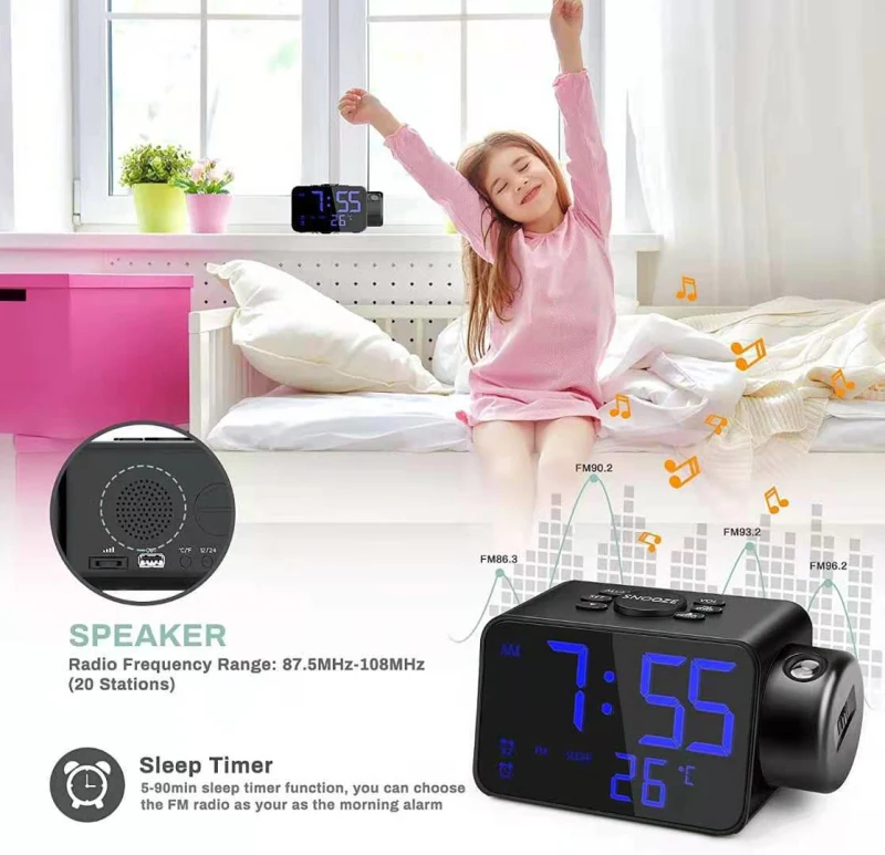 

Светодиодный цифровой будильник T8, часы-проектор с FM-радио, зеркальные настольные электронные часы с функцией повтора, будильник с дисплеем...