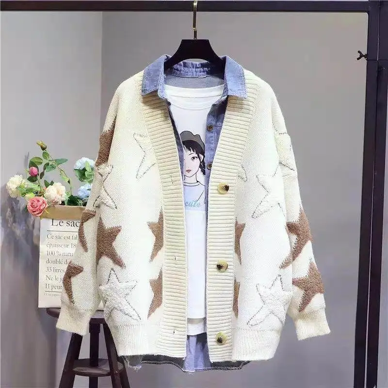 

Stitching Jacquard Cardigan Sweater Women Autumn Loose Long Sleeved Knitted Coat Tops Korean Casual Clothing Kawaii Cardigans
