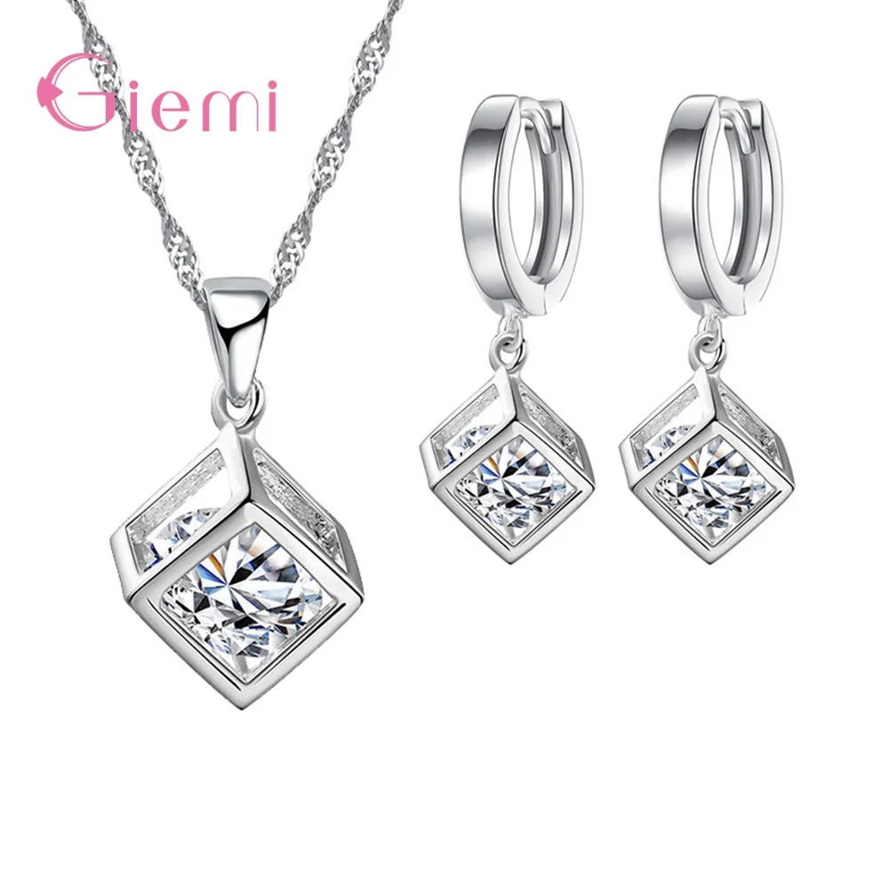 

Trendy S925 Sterling Silver Jewelry Sets For Women Round AAA zircon Hollow Elegant Square Pendant Necklace Drop Earrings Girls