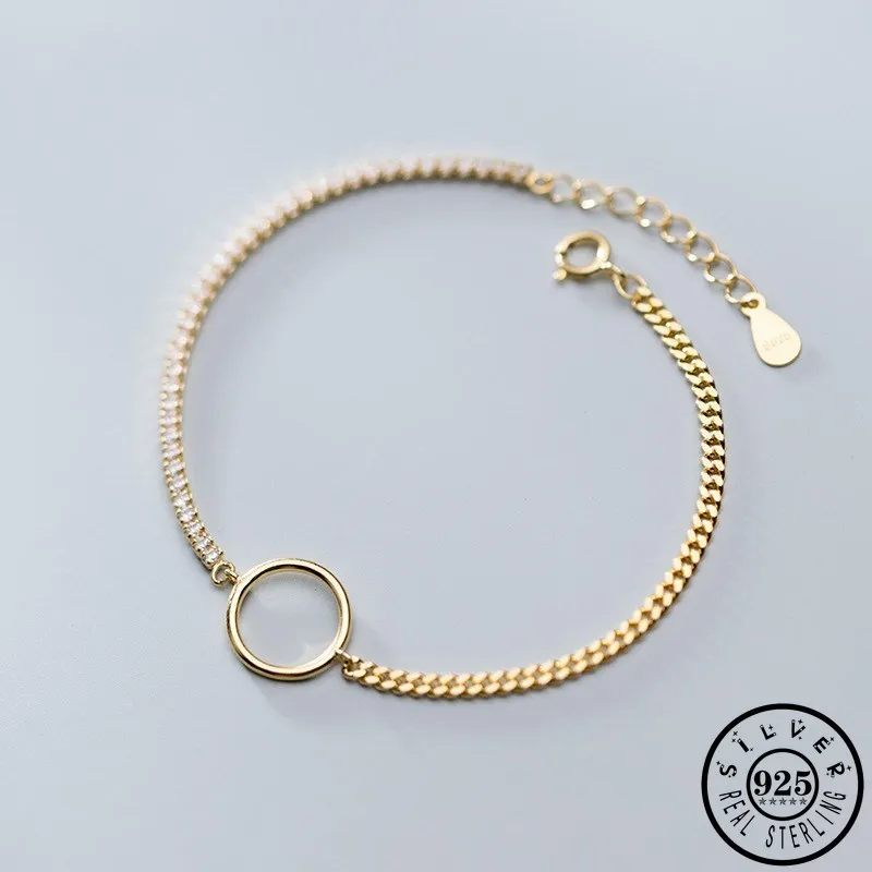 Trendy 925 Sterling Silver Geometric Round Shape Gold Color Plated Chain Statement Hand Zircon Bracelets Jewelry Gifts for Women | Украшения