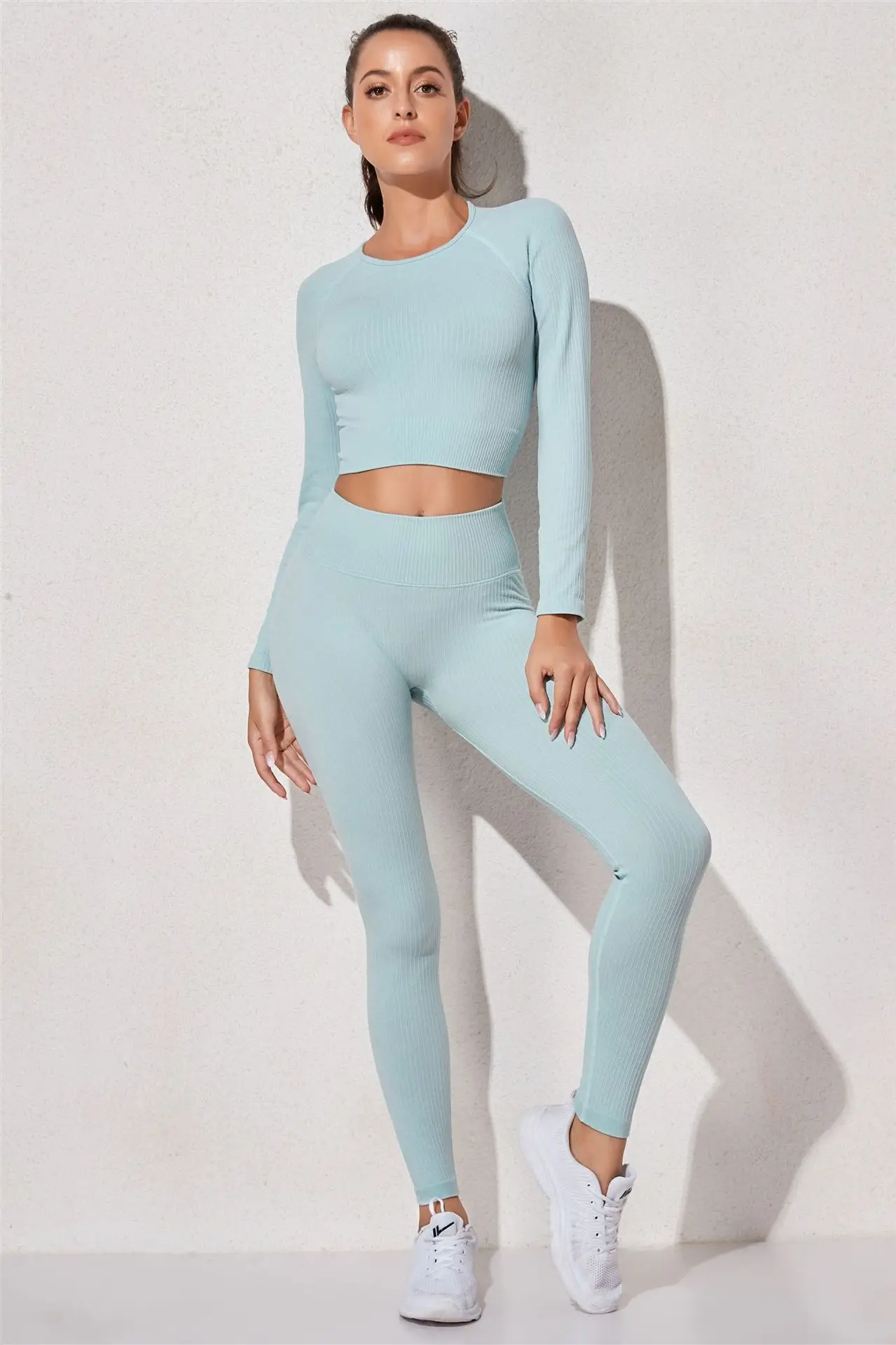

Women Long Sleeve Top & Pants Fitness Set Sports Clothes Female Fitness Wear Seamless High Waist Leggings Running Wears S21036-3