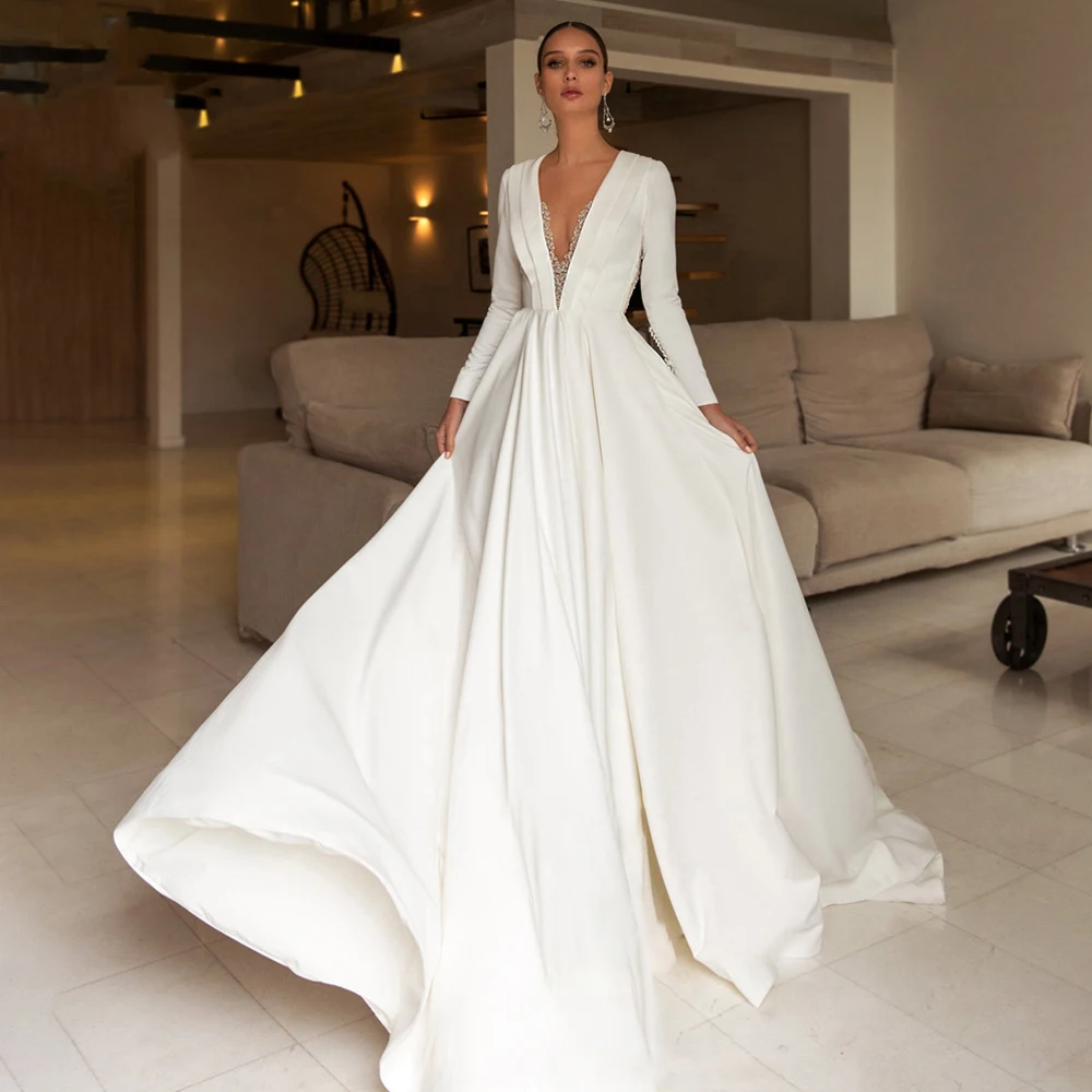 

Deep V-Neck A-Line Wedding Dress Satin Long Sleeves Beading Illusion Back Court Train 2021 Bride Gowns Vestido De Noiva