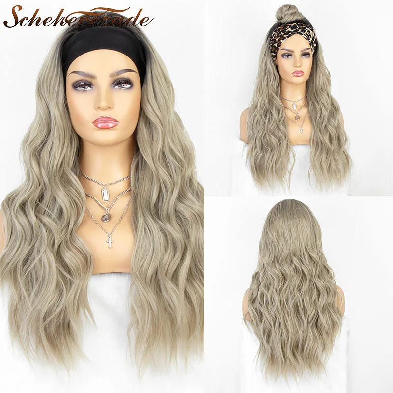 

Scheherezade Long Wavy Headband Wig Heat Resistant Body Wave Synthetic Headwraps Wigs For Black Women Ash Blonde Headband Wigs