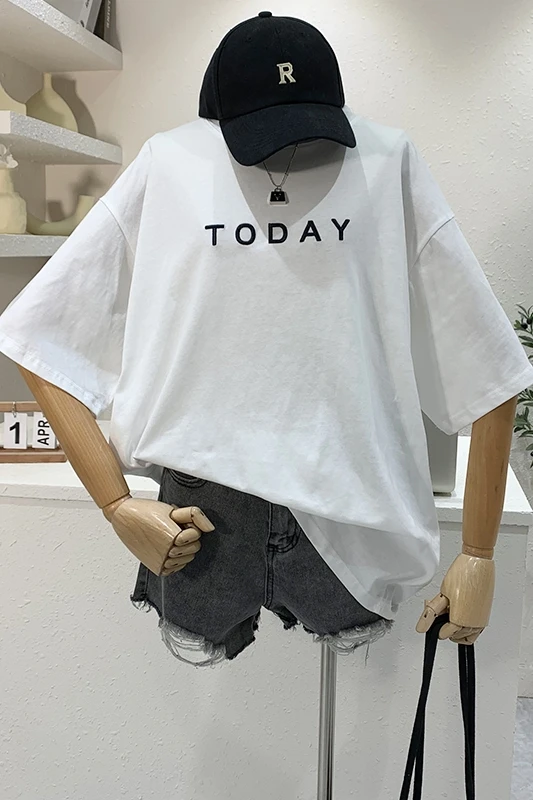 

2021 Summer New Korean Style Letter Embroidered Short Sleeve Pullover Cotton T-shirt Women's Loose Student Plus Size Tshirt Top