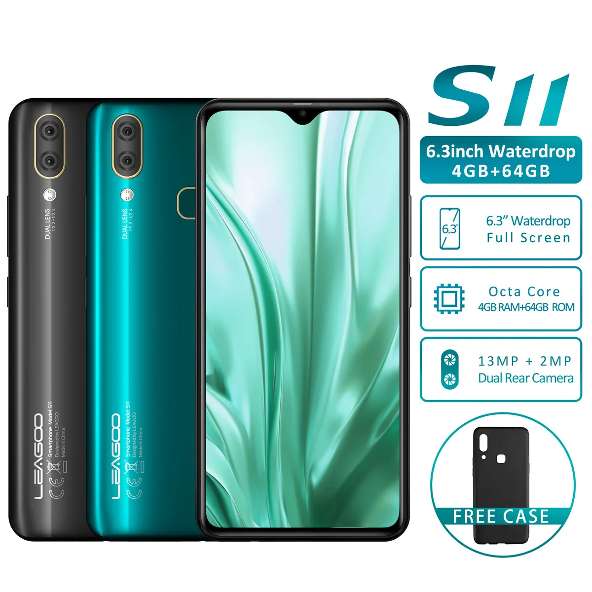 LEAGOO S11, 4 ГБ, 64 ГБ, мобильный телефон, 3300 мАч, 6,3 дюйма, дисплей в виде капли воды, Восьмиядерный, 13 МП, двойная камера, отпечаток пальца, мобильный телефон, черный/зеленый