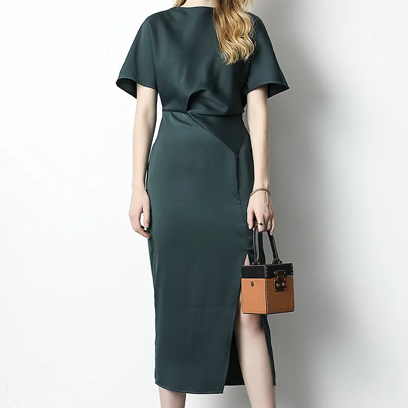 

Satin Bat Sleeve Bow Tie Belt Slim Temperament Sexy Split Party Women'S Dress Spring And Summer New High Quality Elegant
