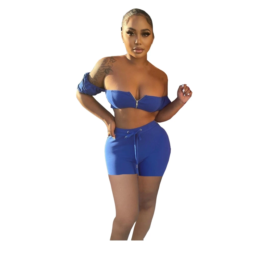 

Wjustforu Fashion Zipper Two Piece Set Women Skinny Drawstring High Waist Pants Sexy Strapless Crop Top 2021 Summer Female