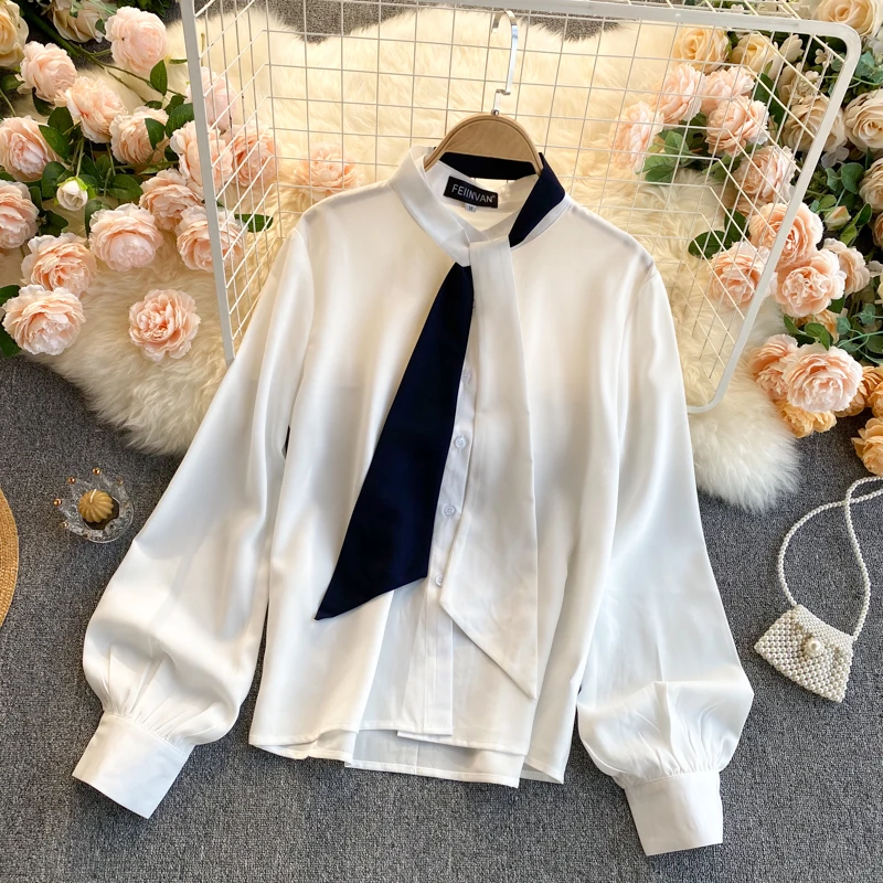 

2021 Women Chiffon Blusas Autumn Female Y2K Bow OL Blouses Dresses Vintage Harajuku Tees Workwear Office Lady Shirts S240