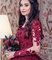 burgundy v neck lace flower beaded long sleeve evening dresses arabic dubai sweep train vestido women prom formal gown