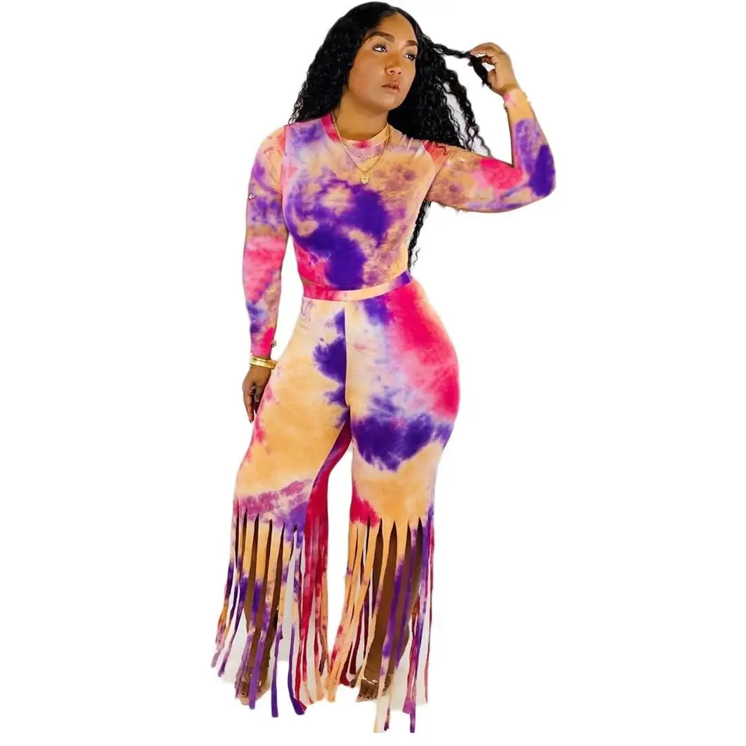 Осень 2019 облегающий костюм из двух частей с кисточками женский сексуальный