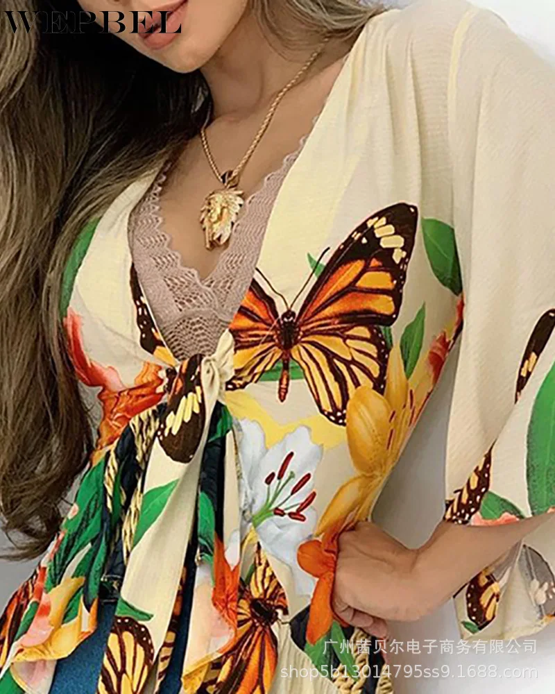 

WEPBEL Women Flared Sleeve Ruffle Irregular Print Shirt Top Ladies Deep V Neck Bow Tie Loose T-shirt