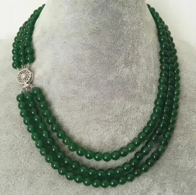 

stunning 3rows 8mm round crude jade agate beads necklace