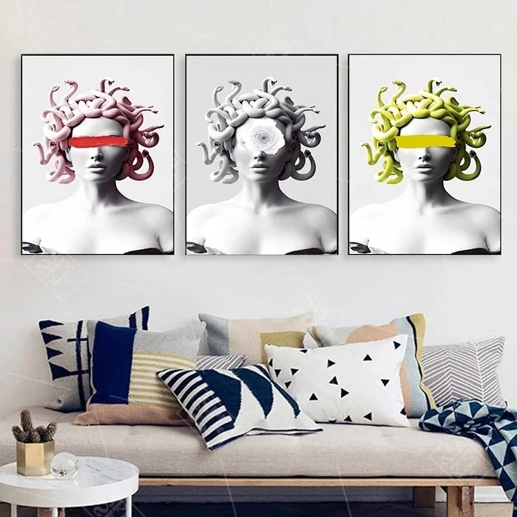 

Vaporwave Sculpture Of Medusa Canvas Posters Graffiti Art Classical Figure Paintings Wall Art Cover Face of Medusa Pictures