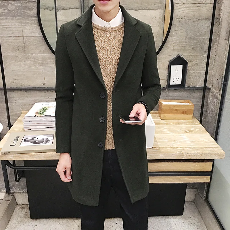 

Loose Men's Wear Solid Color Lapel Long Windbreaker Woolen Overcoat Leisure Loose Coat Business Dress Long Style Outerwear