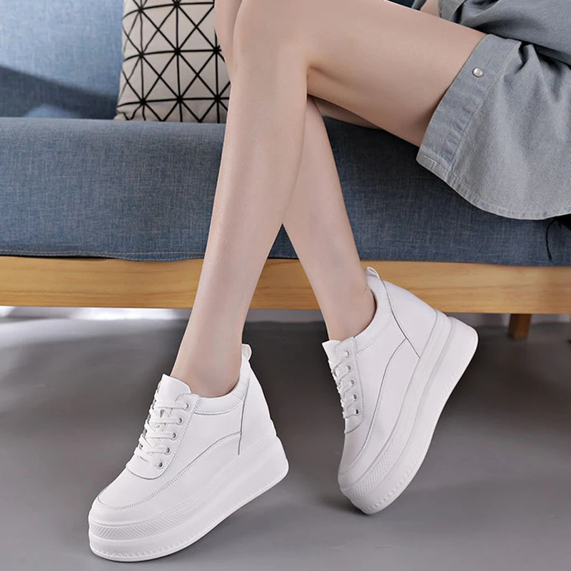 

2021 Women Genuine Leather Sneakers Stealth Increase Platform Vulcanize Shoes Fashion Casual Summer Mesh Breathable White Flat