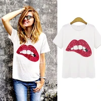 women 2020 vintage summer style lips print short sleeve o neck t shirt