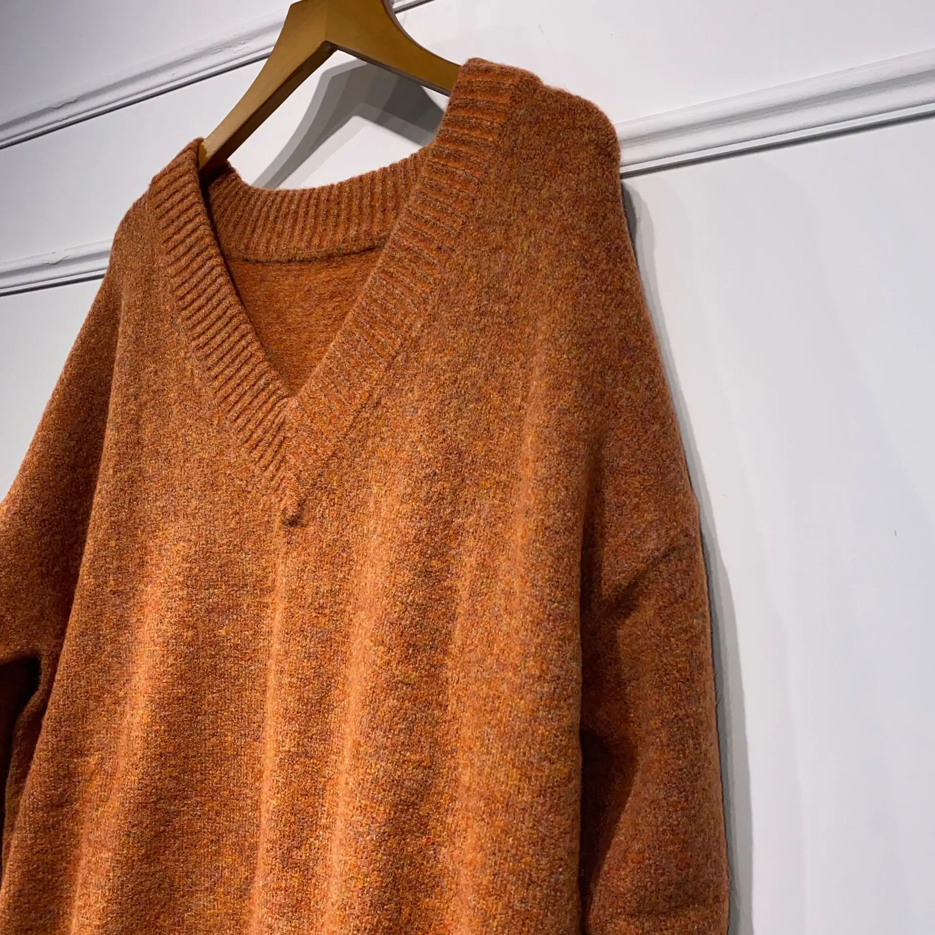 

Two Colors Women Knit Sweater Long Sleeve Simple Loose V-neck Autumn Winter Female Tops