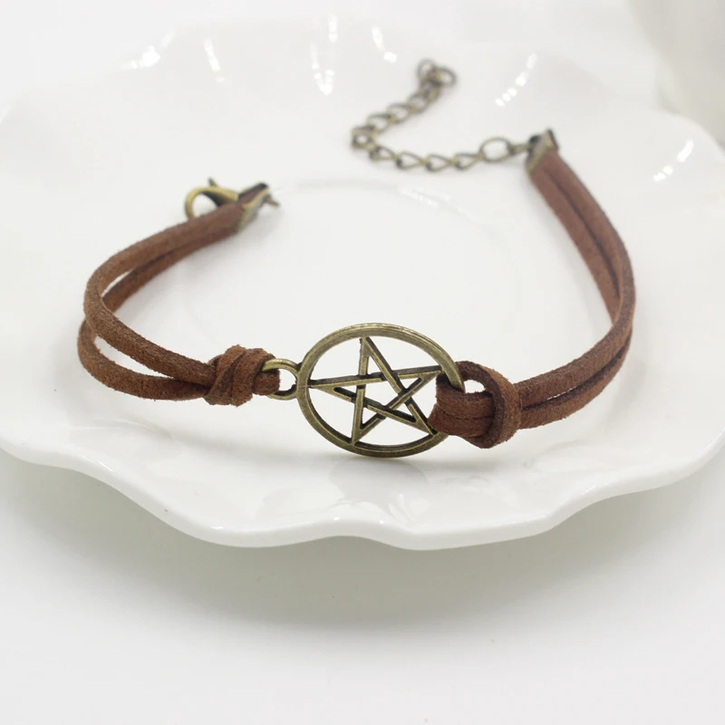 

1PC Retro Bronze Star Pentagram Pendant Brown Rope Bracelets Punk Leather Inspired Bracelets Woman Bijou Statement Bangles