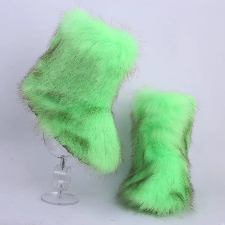 neongreen set SWONCO/меховые сапоги; зимняя обувь; женские зимние сапоги с сумочкой; повязка на голову; Новинка года; Роскошные зимние женские сапоги на меху; высокие сапоги; обувь на меху - Цвет: neongreen set