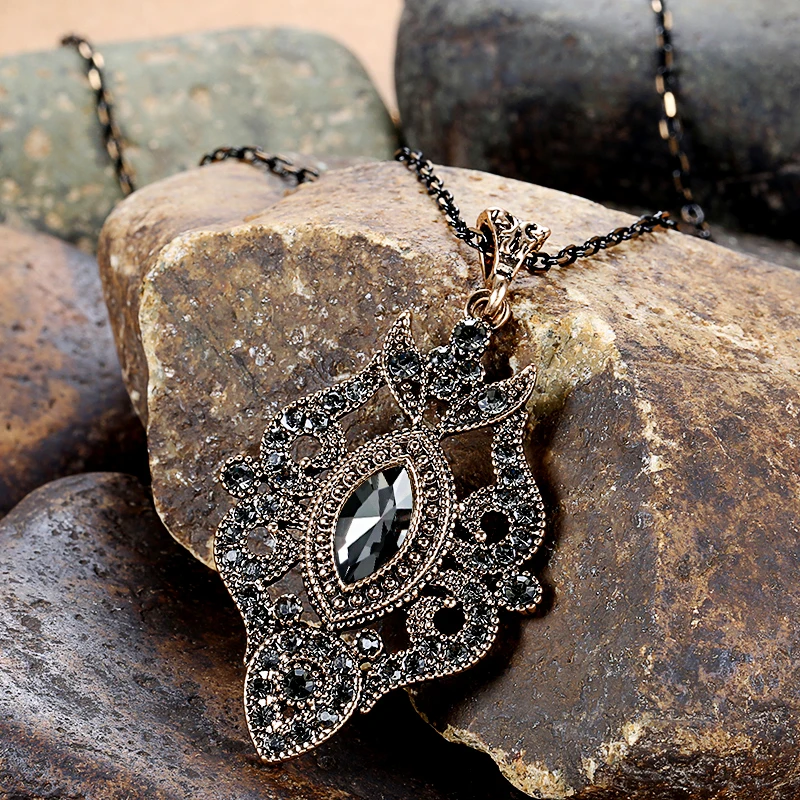 

Kinel Unique Gray Crystal Pendant Necklace For Women Antique Gold Color Vintage Jewelry Party Accessories Luxury Gifts