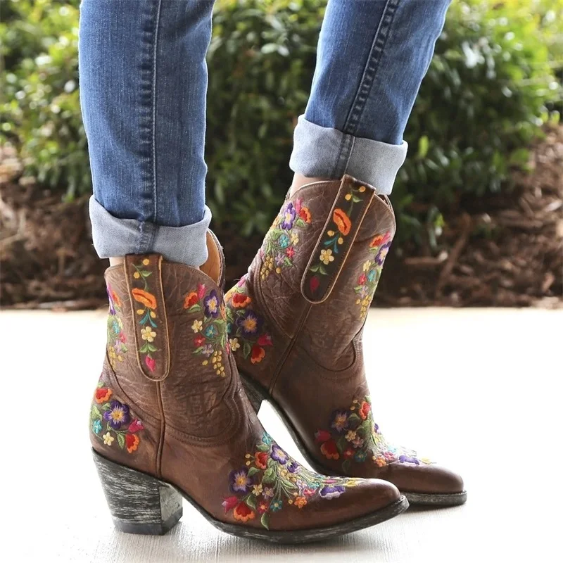 

Женские осенние ковбойские полусапожки, искусственная кожа, средней длины