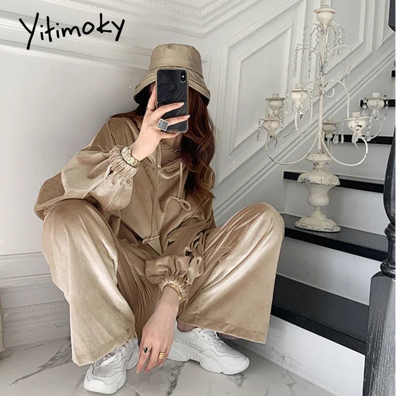 

Yitimoky Velour Two Piece Outfits for Women Pullover Hooded Casual Wide Leg Pants Clothing Set Fall Spring 2021 Fashion Black