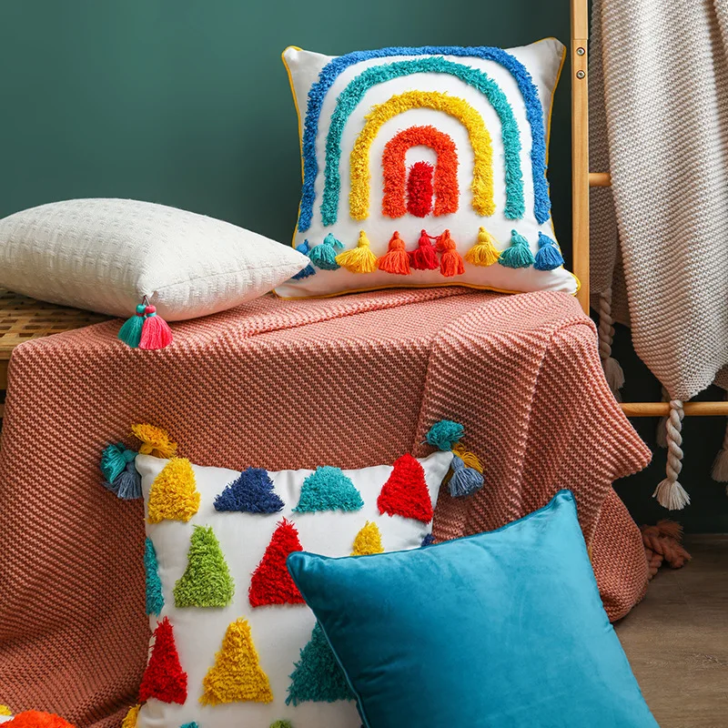 45×45cm New Nordic Moroccan INS style Rainbow Waist Car Sofa Cushion Pillow FamilyHome Decor Comforts Livingroom Boho Tassel
