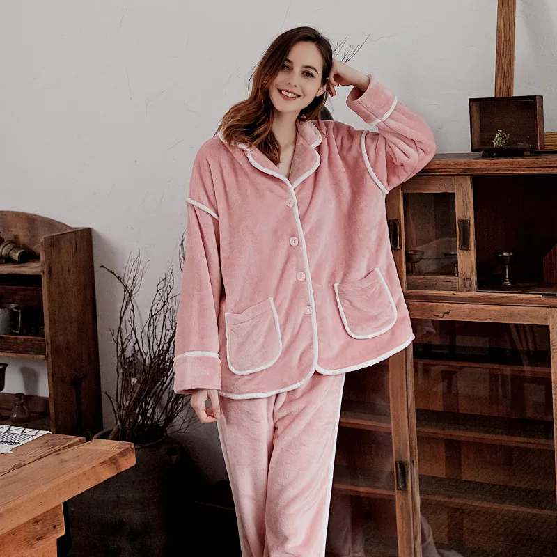 

Flannel Thicken Women Pajamas Suit Winter Warm Sleep Set Soft Nightwear Coral Fleece Burgundy Casual Pyjamas Home Clothing