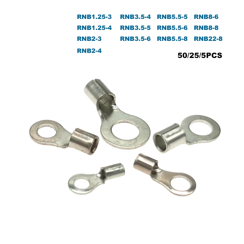 50/25/5Pcs Ring Bare Cord End Crimp Terminals Electrical Naked Wire Connector RNB1.25~RNB22 Cable Ferrules 12-4AWG 0.5-25mm2