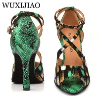 wuxijiao dance shoes girl latin dance shoes trend printing suede pink and green salsa dance shoes heel 5cm 10cm