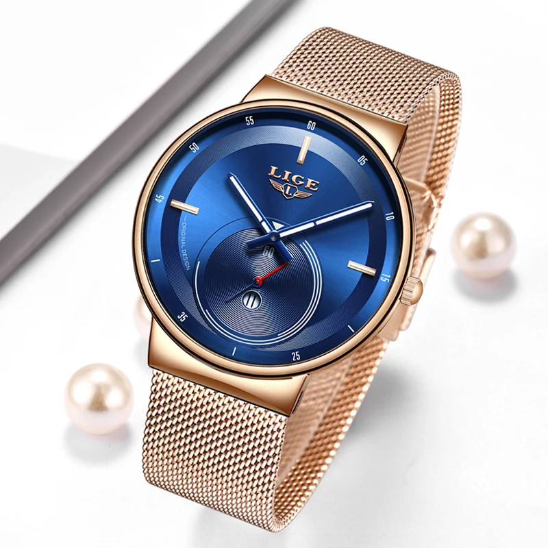 Женские кварцевые часы LIGE розовое золото лучший бренд Роскошные наручные для