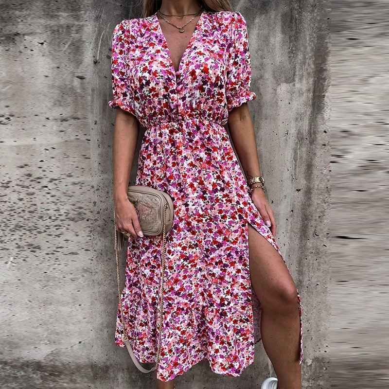 

Women's printed summer dress, long skirt, V-neck and side opening, short sleeves, with buttons, for Spring Festival