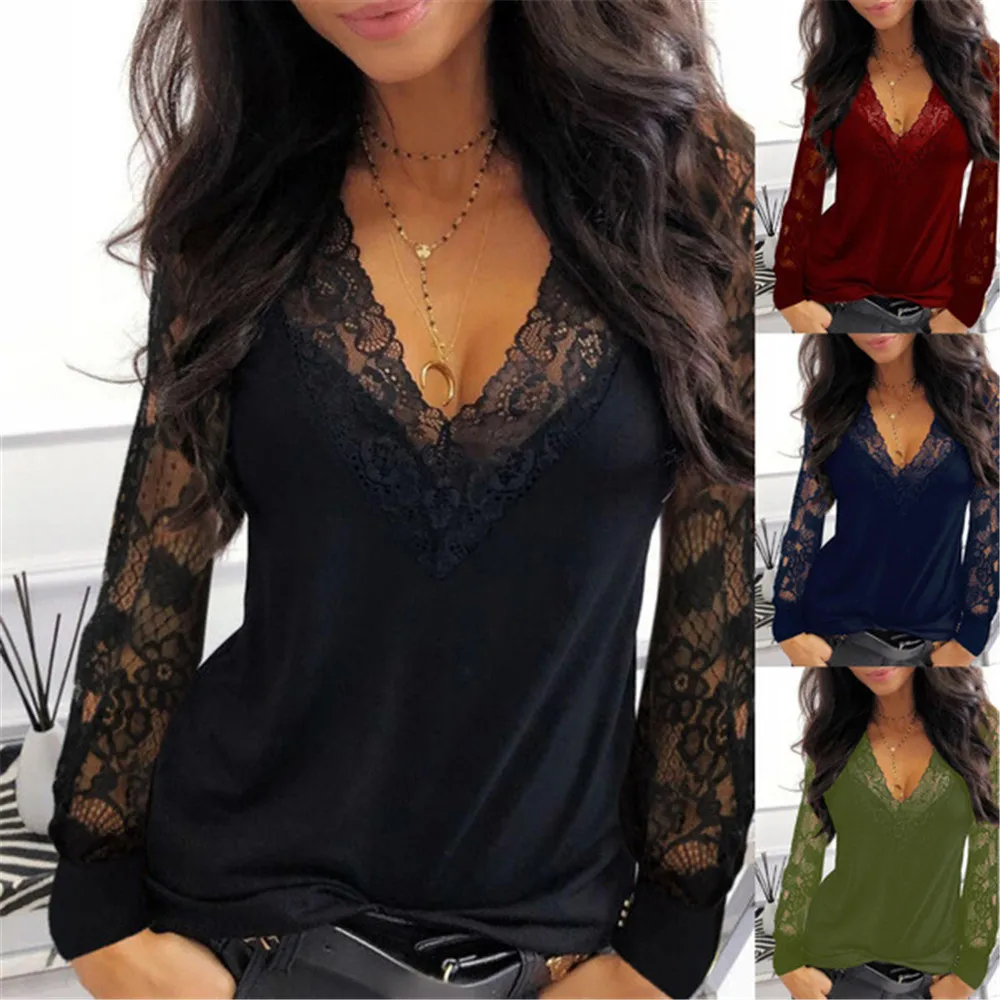 

Plus Size Women Sexy Lace T-Shirts V-Neck Black Long Sleeve Female Tops Casual Loose Tees Ladies Club Outfits 2021 New Spring