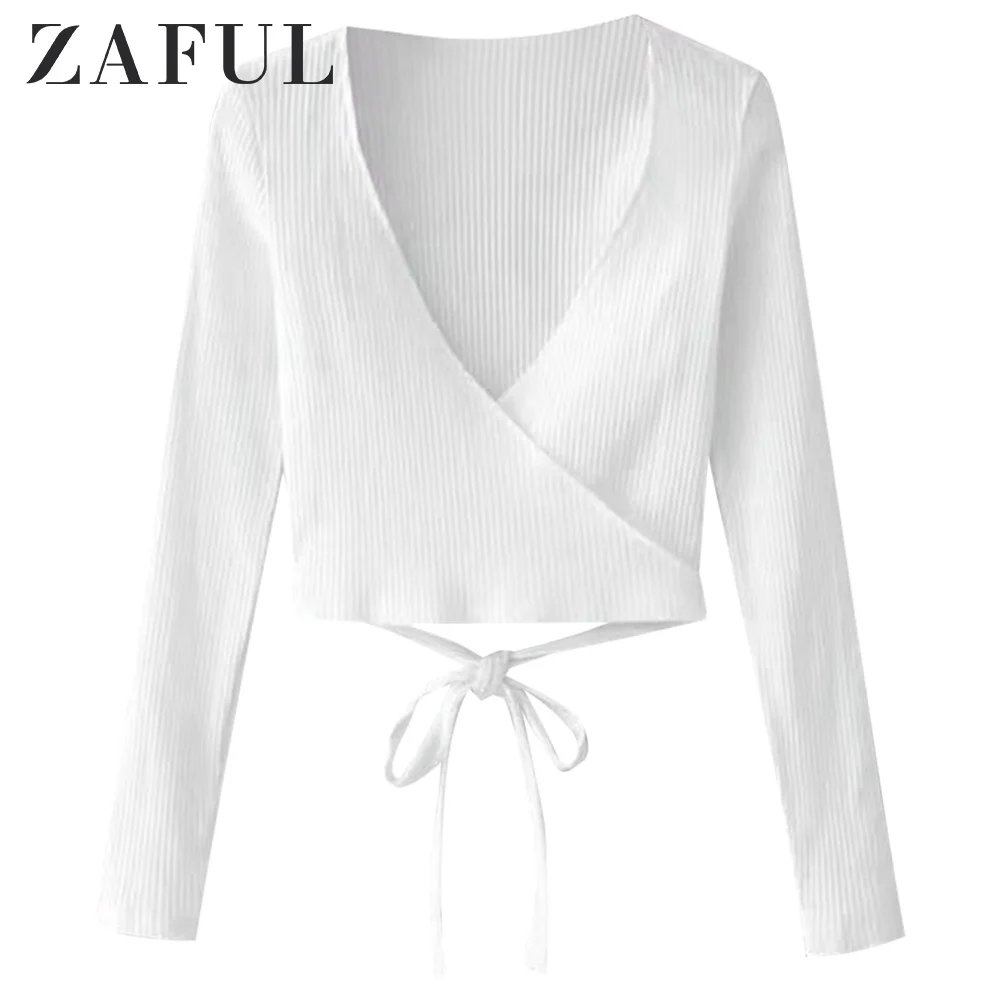 ZAFUL трикотажный ребристый топ с запахом женский v образным вырезом однотонный