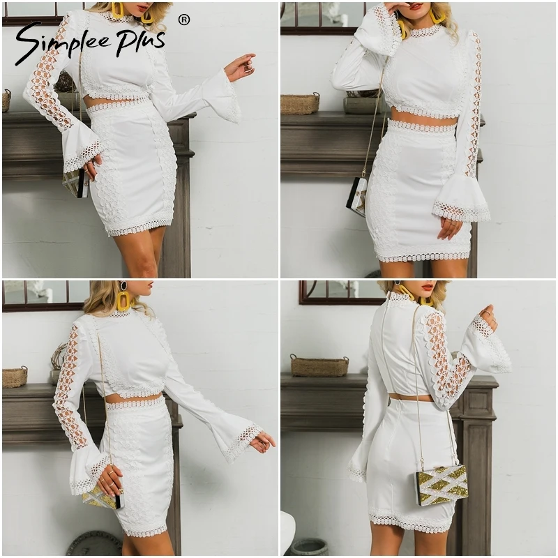 Simplee Plus Elegant lace bodycon White dress two pieces suits women Sexy hollow out autumn sets party club mini | Женская одежда
