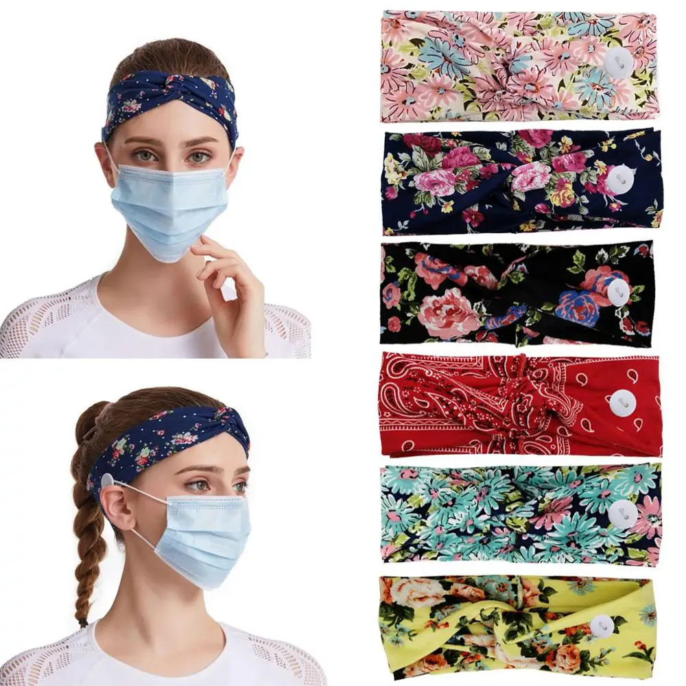

5PCS 8.0cm cross elastic prints fabric hairbands with buttons to attach Mask womens Yoga sweat absorbing exercise Headband