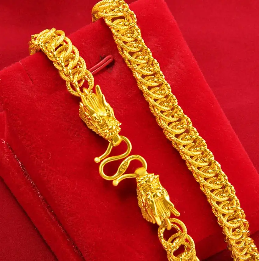 

LM Not fade men double row chain 24k Real Yellow Solid Gold plated Men's dragon Necklace hand Chain birthday male Jewelry