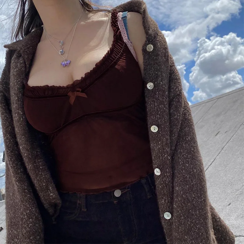 

Women's Crop Tops Brown V-Neck Mesh Mesh See-Through Patchwork Sleeveless Summer Camisole Slim Elastic Cropped Tops 2021