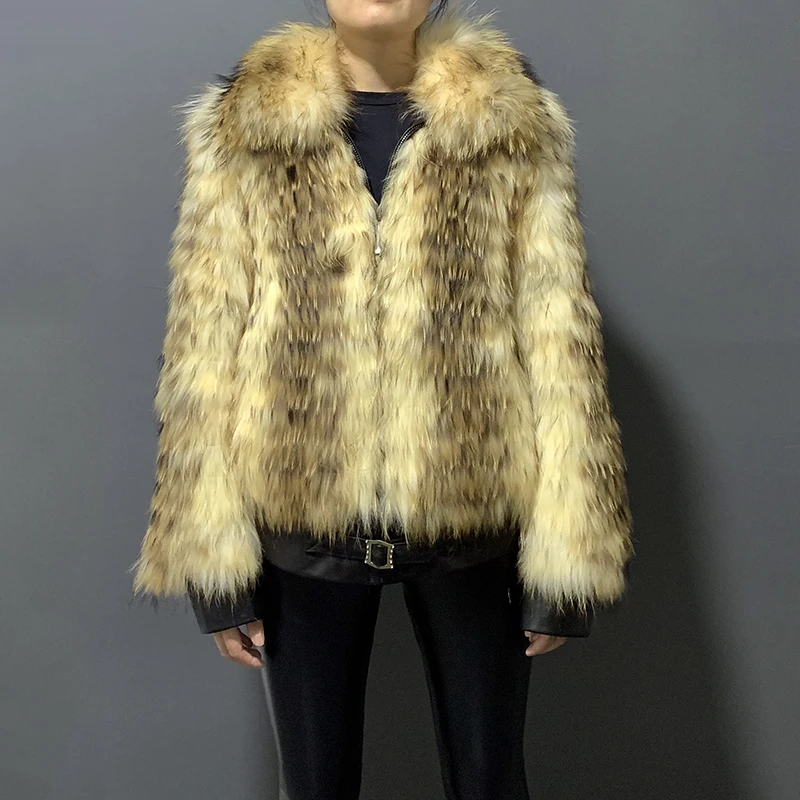 

rf20135 Aviator Fashion Women's Real Raccoon Fur Jacket with Genuine Leather Long Sleeve Real Fur Coat